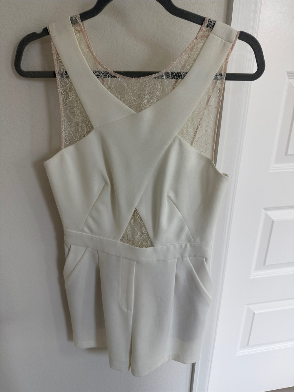 BCBGMaxAzria Ivory Lace-Back Romper Shorts